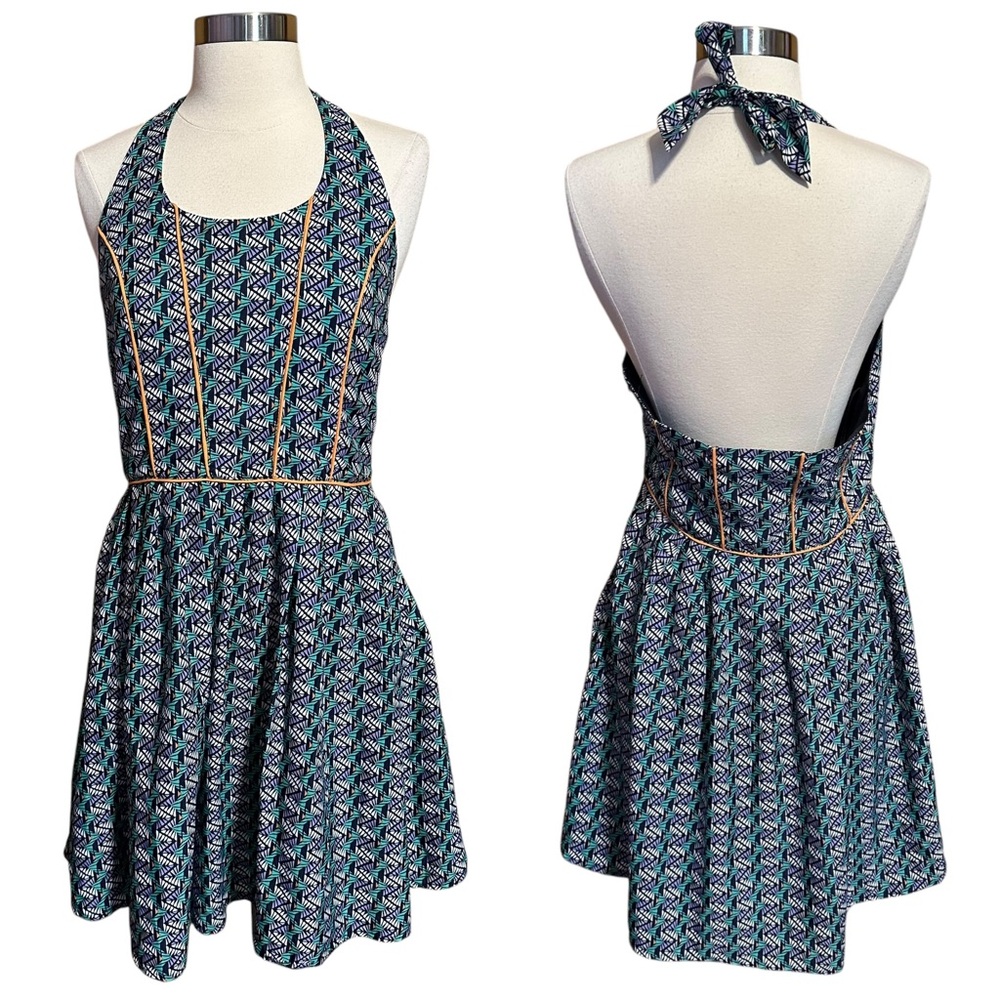 Rhyme & Echo Halter Tie Neck Fit And Flare Geo Print Backless Summer Mini Dress